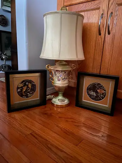 24” H. Lamp. Hand painted porcelain 2 Shadow boxes 10 by 10 embroidered Asian