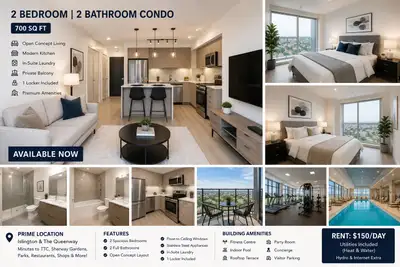 Luxury 2 Bedroom, 2 Bathroom Condo for Rent – Etobicoke $150/day | now Bright and modern 2-bedroom,...