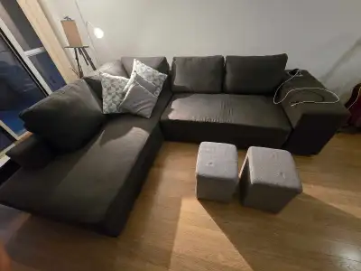 Charcoal Grey Sectional Sofa with Chaise and Two Ottomans, View more