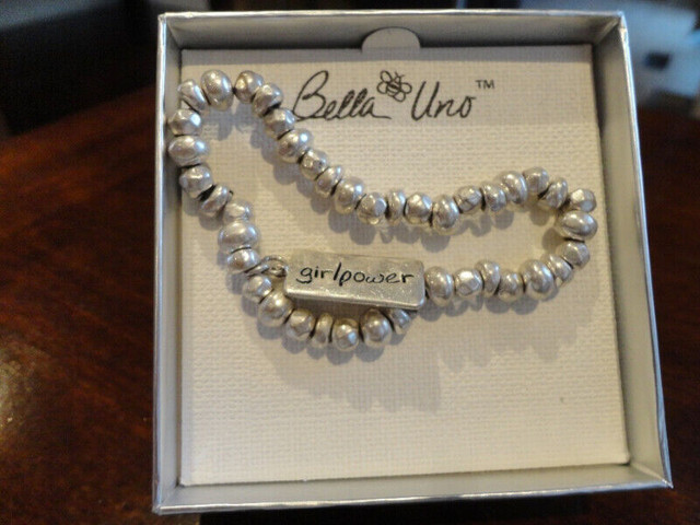 New Bella Uno Girlpower Stretchy Antique Silver Pewter Bracelet in Jewellery & Watches in Kitchener / Waterloo - Image 2