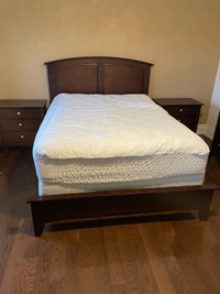 Queen solid bed frame, Two end tables and Tall boy chest drawers