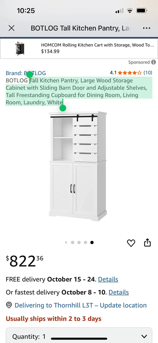 Tall Kitchen Pantry, Large Wood Storage Cabinet with Sliding Bar in Storage & Organization in Markham / York Region - Image 11