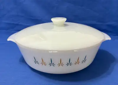 CASSEROLE VINTAGE FIRE KING  "ATOMIC STARBUST" COVERED CASSEROLE, View more