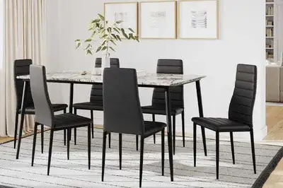 60" LONG- MARBLE LOOK DINING TABLE WITH 6 LEATHER CHAIRS, View more