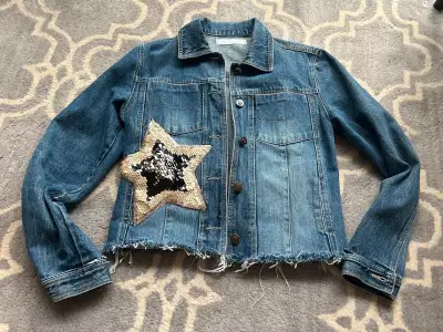 Hello Couture Denim Sequin Jean Jacket Size Small, View more