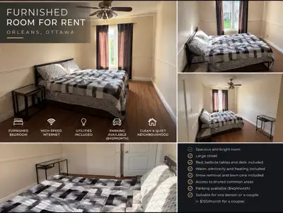 Furnished private room available for rent in a clean and comfortable home in Orleans, Ottawa. The ro...