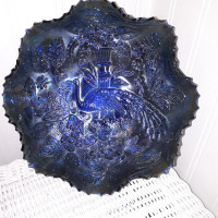 RARE BLUE CARNIVAL GLASS PEACOCK BOWLS  PAIR