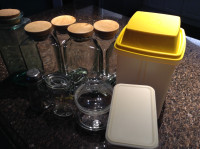 4 triangle glass jars and Tupperware pick-a-deli pickle keeper
