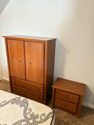 Solid wood furniture made in Canada: Complete set includes 2 nightstands, an armoire, a dresser with...