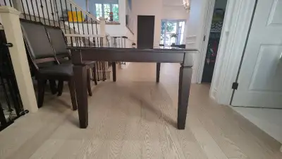 Dining room table, glass top, leaf and 6 chairs. Canadian made, View more