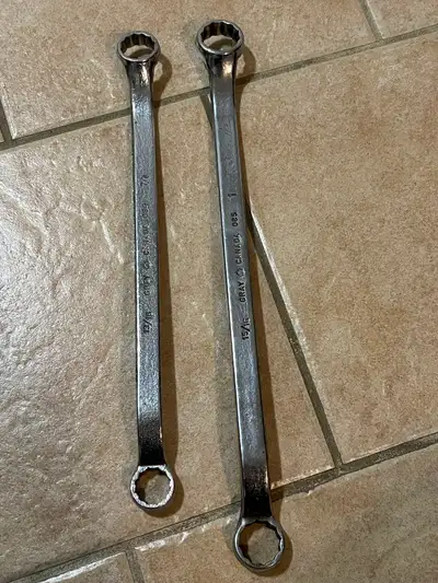 For sale are a pair of Gray Canada Double Box End Wrenches, 12 Point. Numbers are: 13/16 and 7/8 15/...