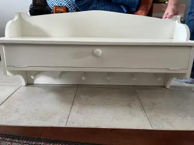 Wooden Wall Shelf With 6 Coat Hooks & Storage Drawer, View more