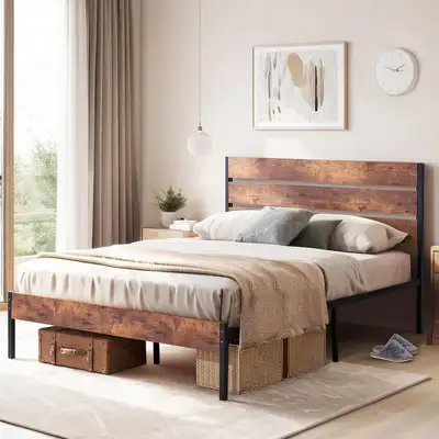 king Bed Frame with Rustic Wood Headboard and Footboard, View more