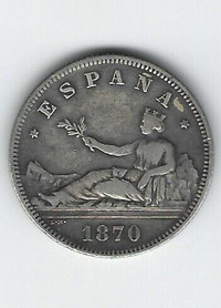 Spain 2 Pesetas 1870 (70) (SN-M) XF+ Coin