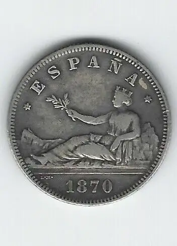 Spain 2 Pesetas 1870 (70) (SN-M) XF+ Coin, View more