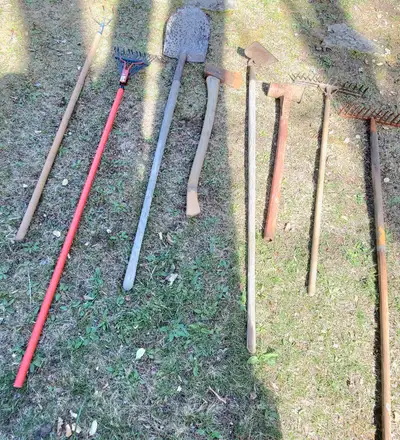All good, functional condition. Extras, don't need. 2 rakes, 1 all metal sledge hammer, 1 hoe, 1 axe...