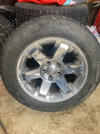 20 Inch Rims Gen 5 Ram 1500 Factory Rims. Don't know if they have TPS. Nokian Rotiiva AT tires. LT27...