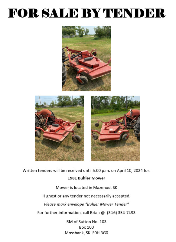 For Sale by Tender - 1981 Buhler Mower in Other in Moose Jaw