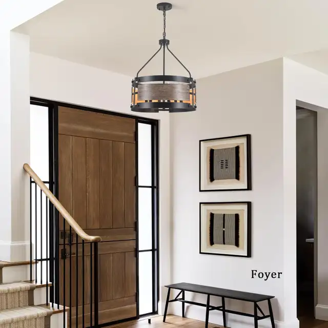 6-Light Drum Chandelier – 19" Farmhouse Pendant with Vintage Woo in Indoor Lighting & Fans in Oshawa / Durham Region - Image 4