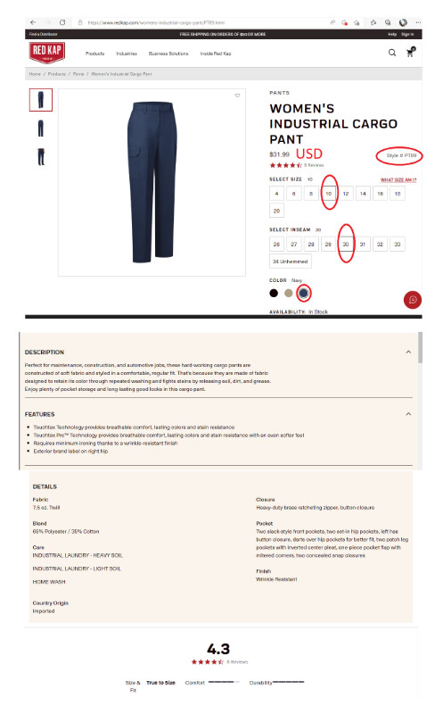 Women's Red Kap Industrial Cargo Pants size 10 x 30 in Women's - Bottoms in Ottawa
