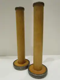 PAIR OF ANTIQUE BOBBINS FOR USE AS CANDLEHOLDERS