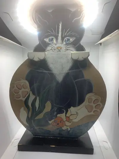 Cat in Fish Bowl Wooden Art - 11in tall, View more