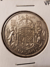 Canada 50 cents 1952 VF coin George 6 VI queen silver piece five