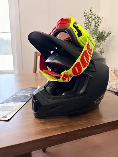 Mx-9 mips bell helmet.M. (Worn once) 100% armega goggles and pack of tear offs. Goggles lens hasn’t...