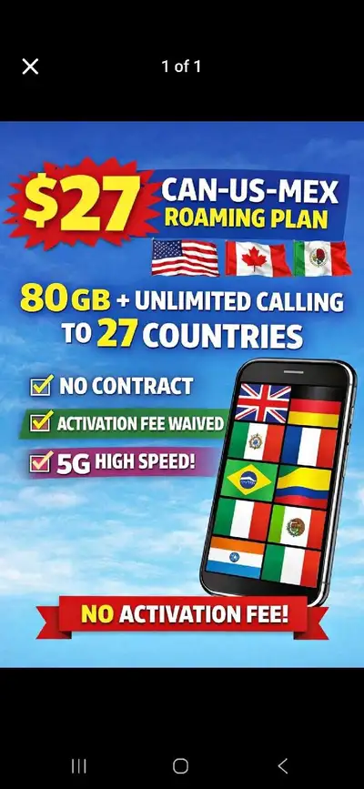 $27 for 80gb 5G Unlimited US/Mexico Roaming, View more
