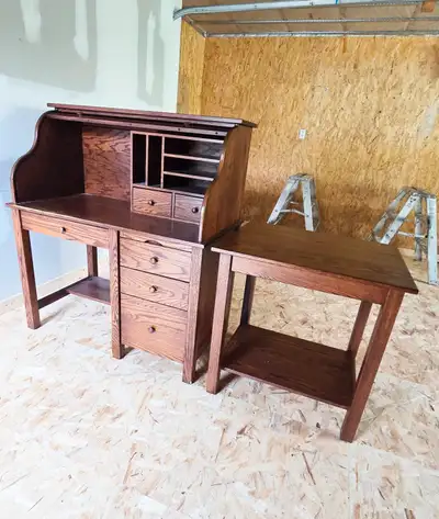 Solid Oak Roll Top Desk & Table, View more