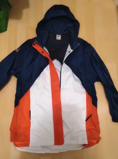 Vintage Ladies Nike Jacket/wind breaker with hood, extra long. Ladies Size Small Red, white and navy...