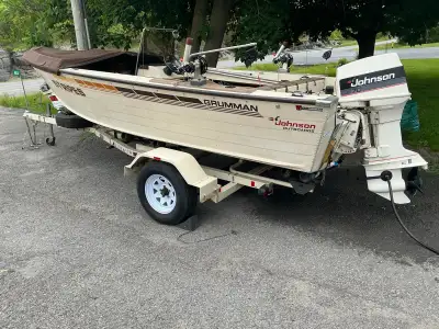 1984 Grumman boat , 1986 Johnson 70hp, 1986 Northtrail trailer. 16’8” long and beam is 80” Lower woo...