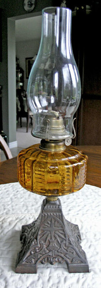 Oil Lamp Amber Bowl-Cast Iron Base With Chimney (USA)