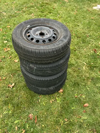 Steel rims and tires, tires got decent tread can’t remember if they are all seasons or summer….. but...