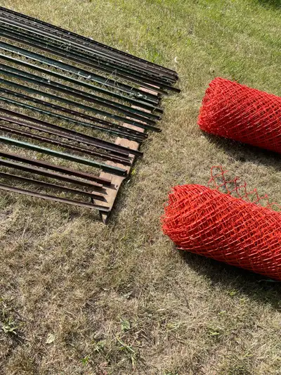 24 Tbar posts for $80.00 (new price $10 each). Two rolls of orange diamond mesh safety fence, good c...