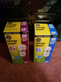 GE CFL light bulbs, 40W and 60W equivalent, brand new