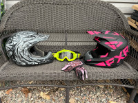 FXR helmet, youth XL helmet, goggles, fox gloves
