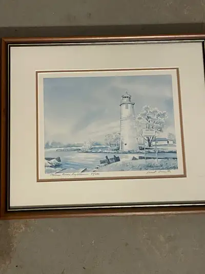 Janet Forsyth Framed Lighthouse on the Thames # 80 of 200. 17 1/2 inches X 14 1/2 inches.