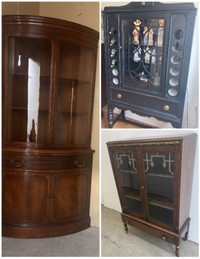 Three unique antique display cabinets, refurbished