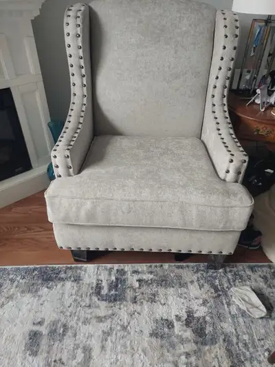 Grey wing back chair, new!