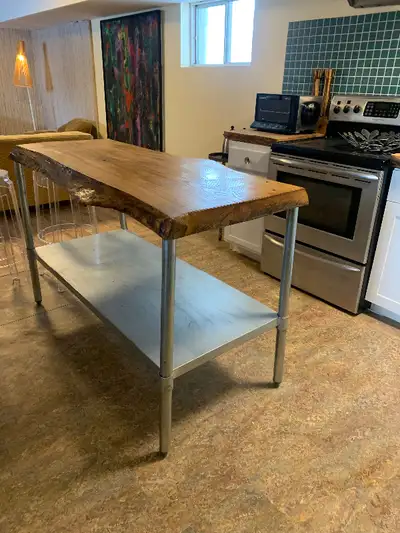 Live edge ash with stainless steel base kitchen island worktable, View more