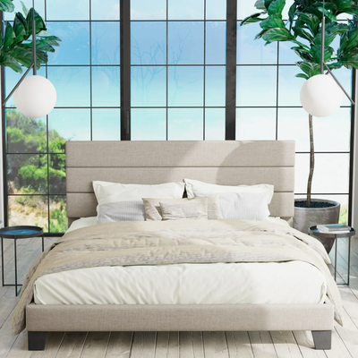 Queen Bed with Fabric Upholstered Headboard and Wooden Slats, View more