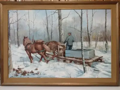 Rare antique Canadian collecting maple syrup oil painting., View more