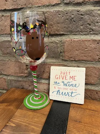Festive wine glass and coaster, View more