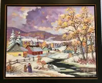 Claude Langevin original oil painting of Colourful Quebec Winter