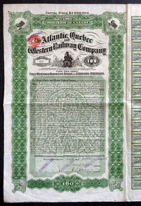 Atlantic, Quebec and Western Railway Company Bond Certificate