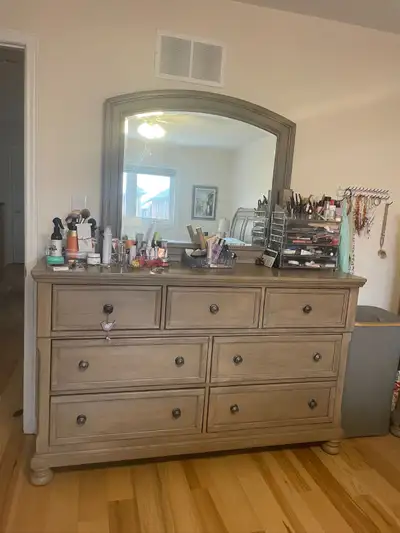 LEONS dresser with mirror.  7 drawer chest - Grey wood, View more