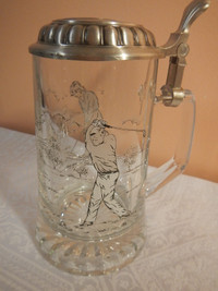 Vintage German/Italy Pewter Golf Design Etched Glass Lid Stein