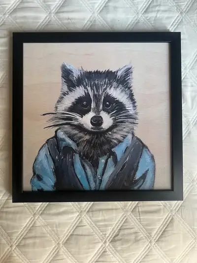 This charming portrait of a raccoon dressed in a shirt and vest is an original piece of artwork, in...