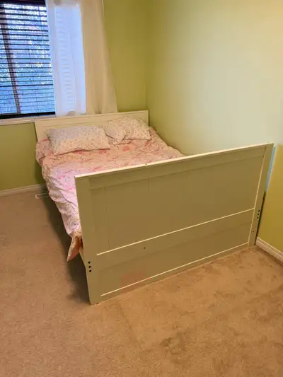 IKEA White Bed Frame with mattress, pillows and bedding, View more